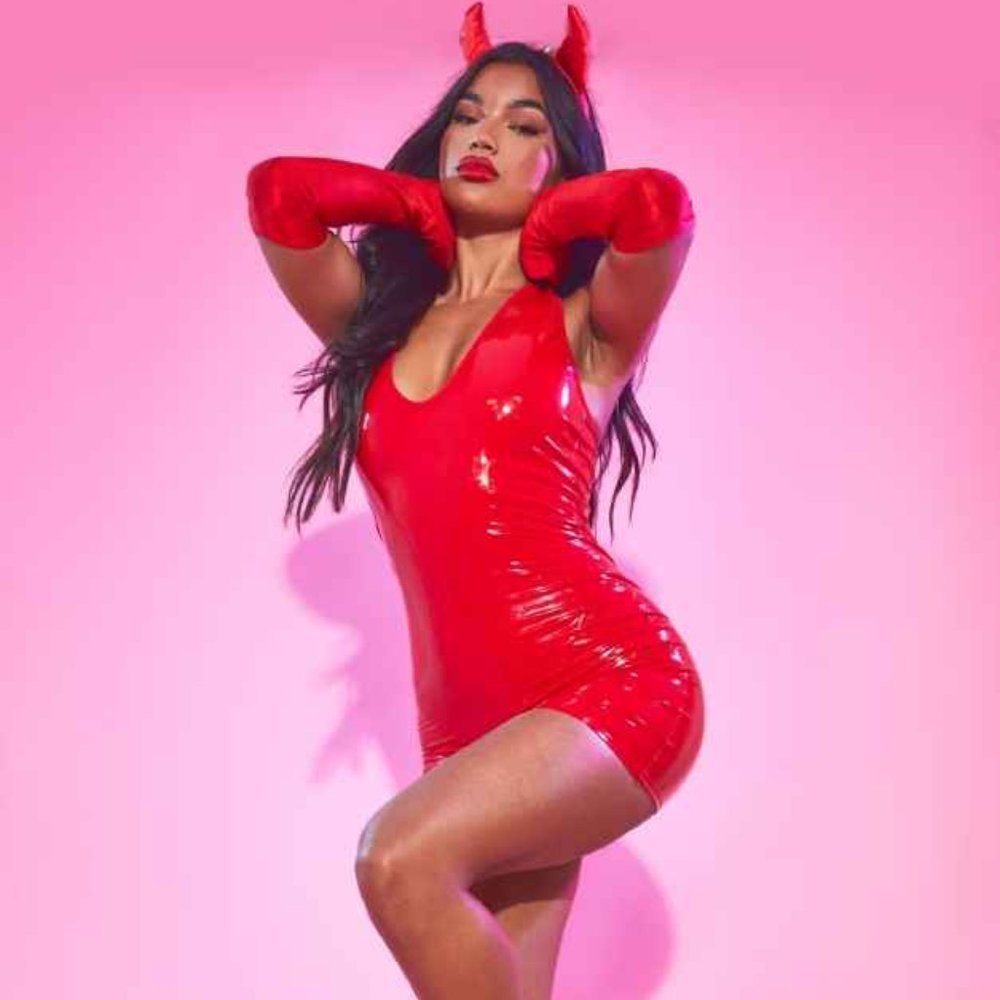 *NWT* PrettyLittleThing Women's Red Vinyl Bodycon Dress w Gloves + Fishnets